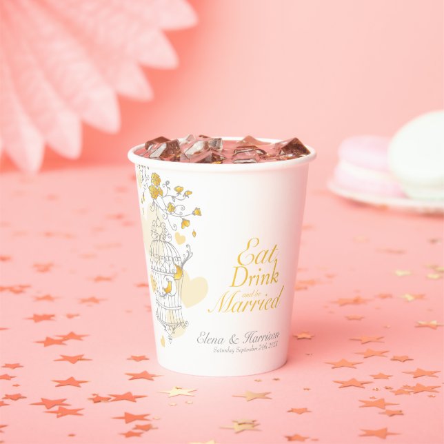 Vasos De Papel Boda de jaulas amarillas nombre personalizado gris (in situ)