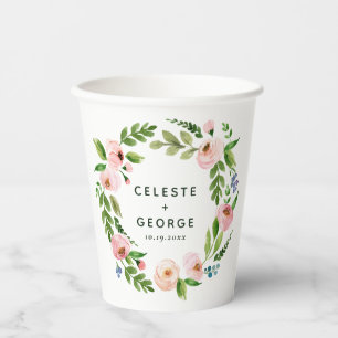 Vasos De Papel Boda de la corona floral rosa de Rubor