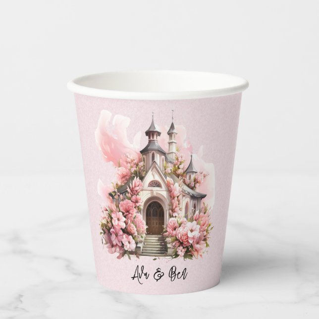Vasos De Papel Boda de la iglesia acuarela rosa (Anverso)