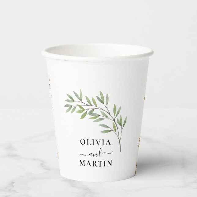 Vasos De Papel Boda de letra minimalista botánica (Anverso)