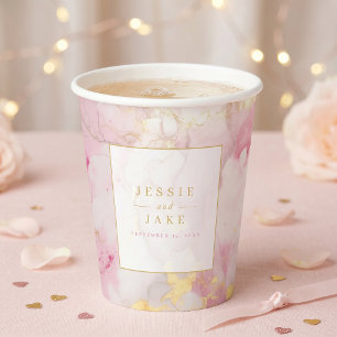 Vasos De Papel Boda de mármol rosa y dorado