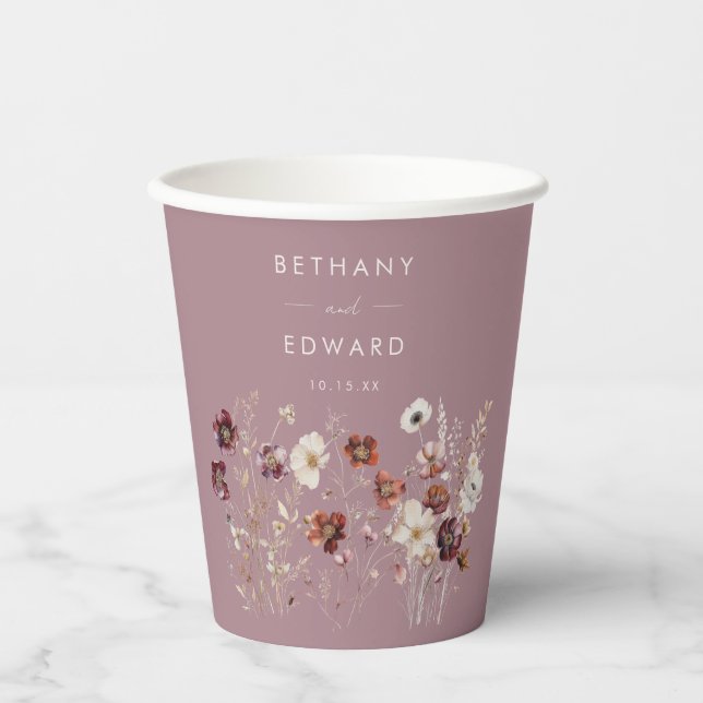 Vasos De Papel Boda de Mauve de flores secas caprichosas de otoño (Anverso)