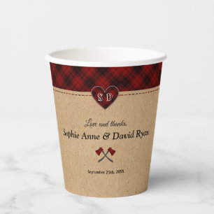 Vasos De Papel Boda de monograma de cuadros de búfalo rojo rústic
