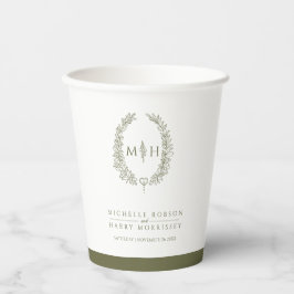 Vasos De Papel Boda de monograma de hojas dibujadas a mano blanca