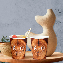 Vasos De Papel Boda de monograma de trozo rústico de madera