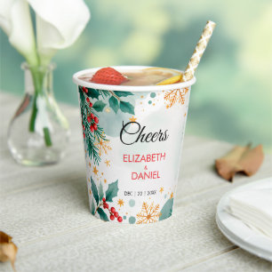 Vasos De Papel Boda de Navidad con Acuarela y Acebo