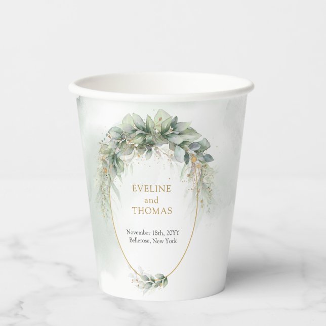 Vasos De Papel Boda de oro de la acuarela rústica eucalipto verde (Anverso)