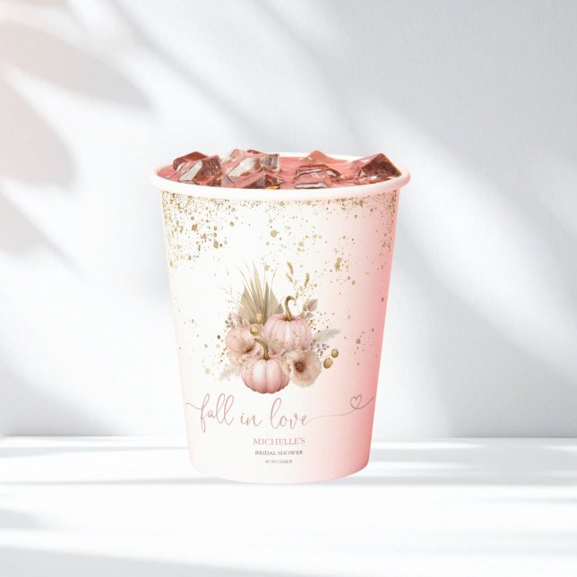 Vasos De Papel Boda de otoño, ducha nupcial, flores boho, calabaz (blush pink boho pumpkin with gold glitter)