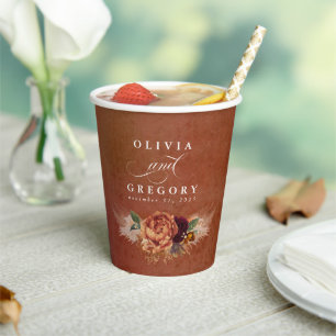 Vasos De Papel Boda de otoño moderna boho floral de terracota