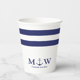 Vasos De Papel Boda de rayas de ancla blancas azul marino náutico