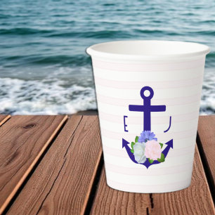 Vasos De Papel Boda de rayas florales náuticas