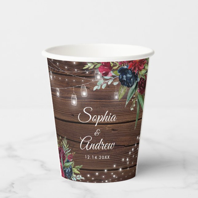 Vasos De Papel Boda de Rústica Madera Borgoña Floral (Anverso)