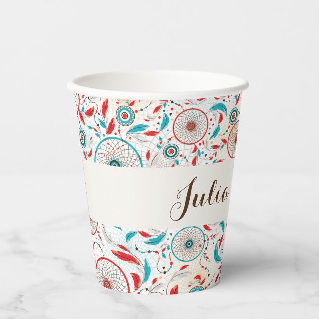 Vasos De Papel Boda Dreamcatcher de la pluma Tribal Boho (Anverso)