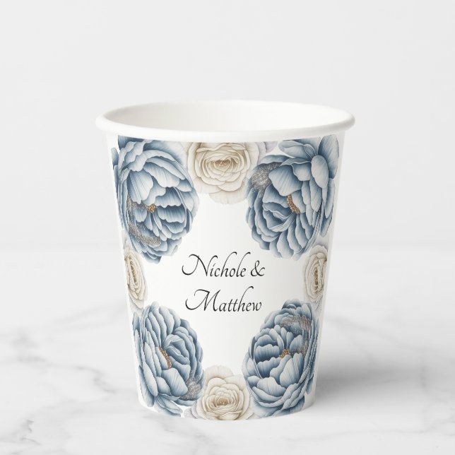 Vasos De Papel Boda Dusty Blue & White Peony (Anverso)