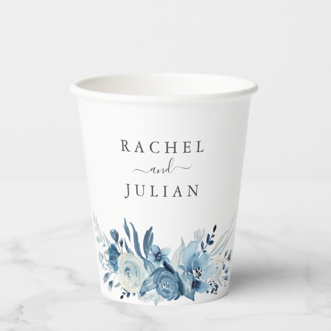 Vasos De Papel Boda floral de acuarela azul (Anverso)