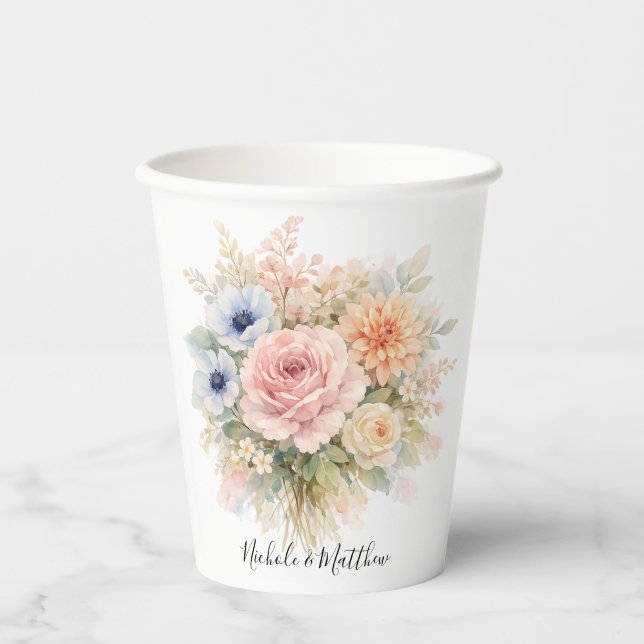 Vasos De Papel Boda floral de acuarela suave (Anverso)