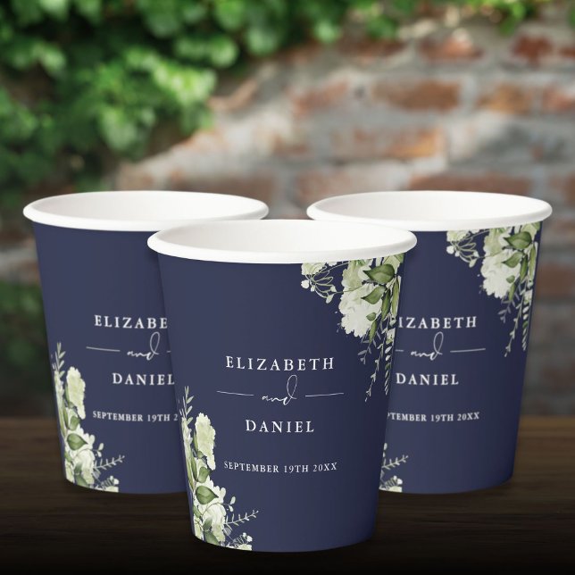 Vasos De Papel Boda floral elegante de greenery azul marino (Greenery Floral Elegant Navy Blue Wedding Paper Cups)