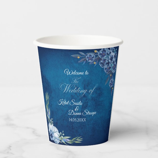 Vasos De Papel Boda floral elegante de verano azul (Anverso)