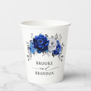 Vasos De Papel Boda floral metálico plateado azul real