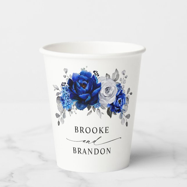 Vasos De Papel Boda floral metálico plateado azul real (Anverso)