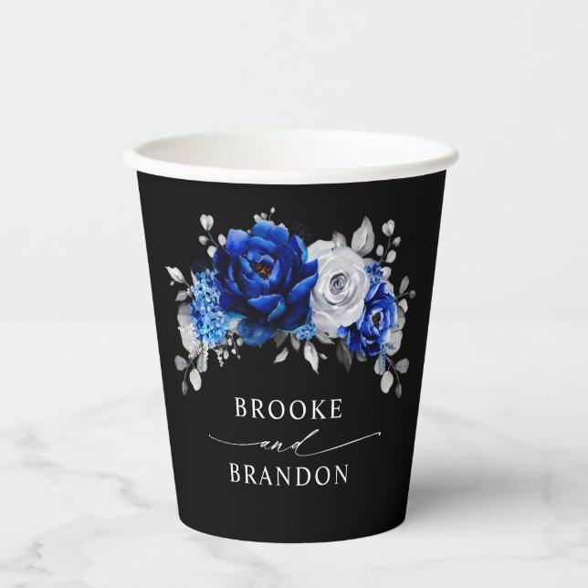 Vasos De Papel Boda floral metálico plateado azul real Pa (Anverso)