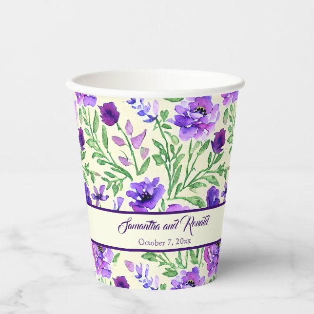 Vasos De Papel Boda floral morado y verde (Anverso)