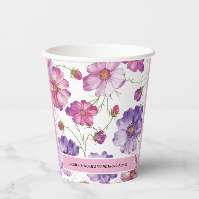 Vasos De Papel Boda floral rosado morado (Anverso)