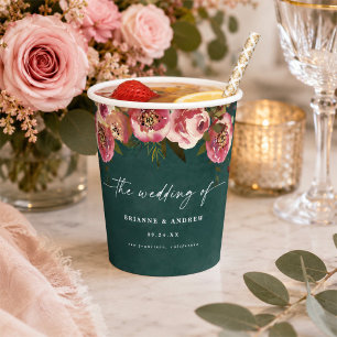 Vasos De Papel Boda floral verde azul profundo Blooming Chic