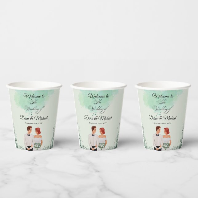 Vasos De Papel Boda fluida con acuarela verde personalizada (Multi)