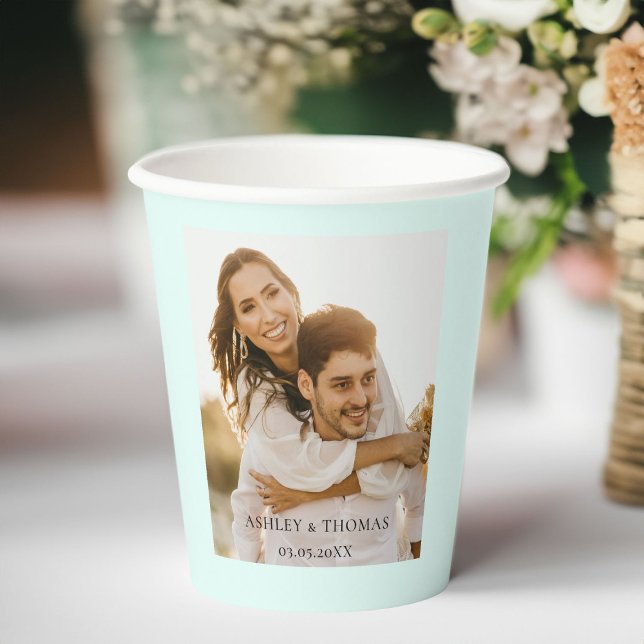 Vasos De Papel Boda fotográfico específico del cliente (Customer-specific, photo, wedding, blue-green paper cups. With your photo, name and date.)