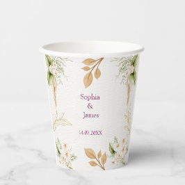 Vasos De Papel Boda geométrica floral dorada con rubor