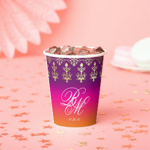 Vasos De Papel Boda indio Monograma Damask Naranja morado rosado