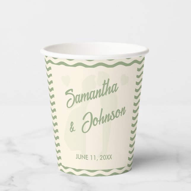 Vasos De Papel Boda Moderna de Raya Ondulada Verde Salvia (Anverso)