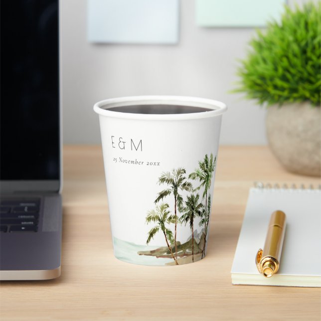 Vasos De Papel Boda Monograma de arena de palmeras tropicales (in situ)