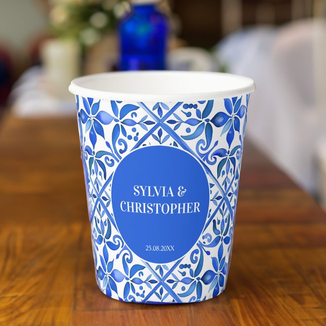 Vasos De Papel Boda monograma de azulejos azules azules azules az (Vintage Blue Talavera Spanish Mexican tiles wedding  monogram personalized printed Paper Cups)