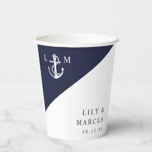 Vasos De Papel Boda Monograma Elegante Náutica Azul Marino Simple
