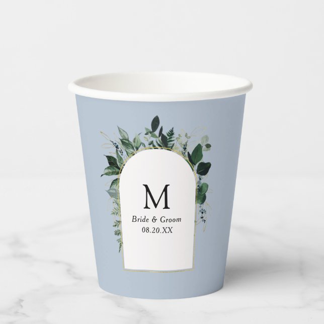 Vasos De Papel Boda monogramado botánico Dusty Blue Modern (Anverso)