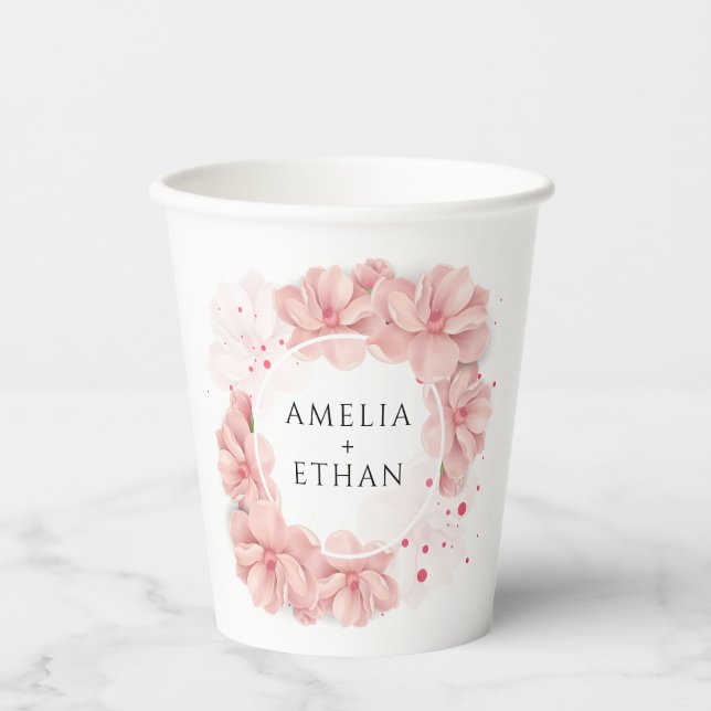 Vasos De Papel Boda Personalizada Floral Rosa Sonrosado (Anverso)
