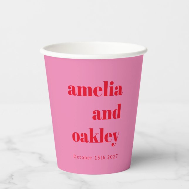 Vasos De Papel Boda personalizada negrita y retro rosa moderno (Anverso)