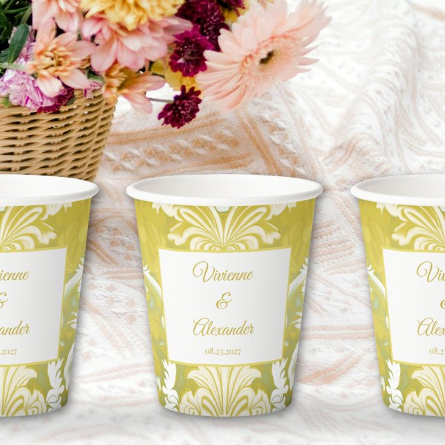 Vasos De Papel Boda Retro Gold Green Damask (Subido por el creador)