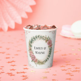 Vasos De Papel Boda Romántica Con Verdor Y Flores Rosadas
