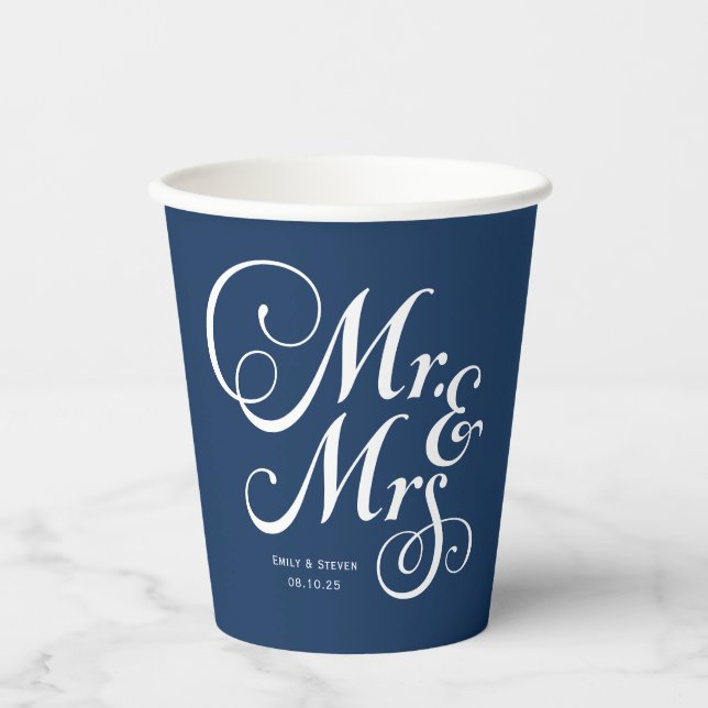 Vasos De Papel Boda ruso mr & mrs Navy Blue personalizado (Anverso)