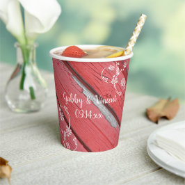 Vasos De Papel Boda Rustica de Barno Rojo Madera Flores Blancas B