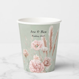 Vasos De Papel Boda Sage Green y Pink Wildflowers