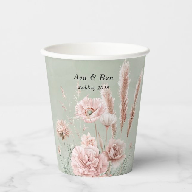 Vasos De Papel Boda Sage Green y Pink Wildflowers (Anverso)