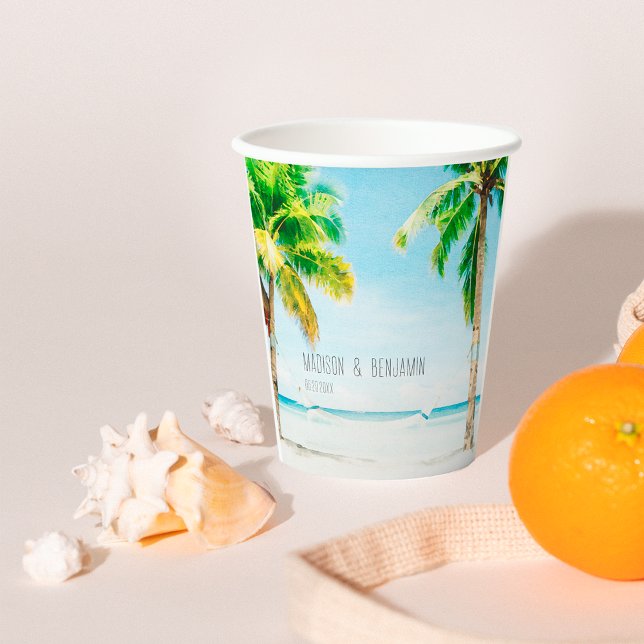 Vasos De Papel Boda tropical de palmeras de playa costera retro (Subido por el creador)