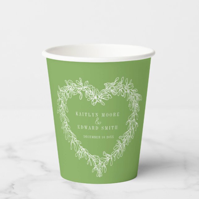 Vasos De Papel Boda verde de línea Mistletoe foto personalizado (Anverso)