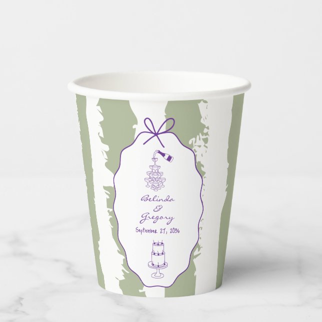 Vasos De Papel Bodas caprichosas con rayas pintadas a mano  (Anverso)