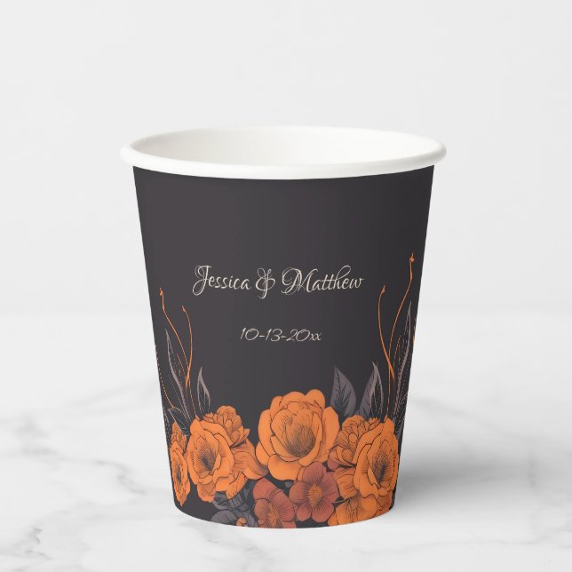 Vasos De Papel Bodas con Monograma Elegante de Flores Naranjas (Anverso)