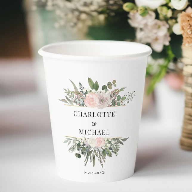 Vasos De Papel Bodas de flores de Eucalyptus (Eucalyptus, flowers, wedding, white paper cup with your name and date.)